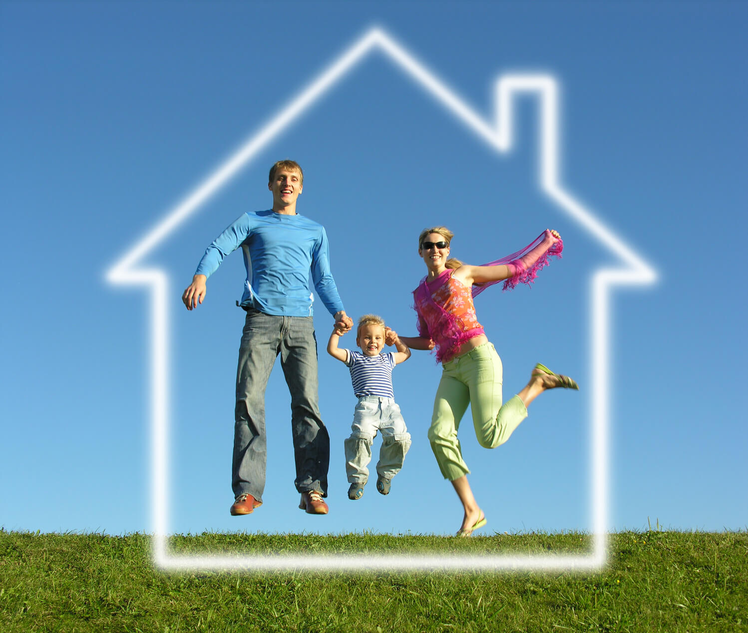 fly happy family on blue sky